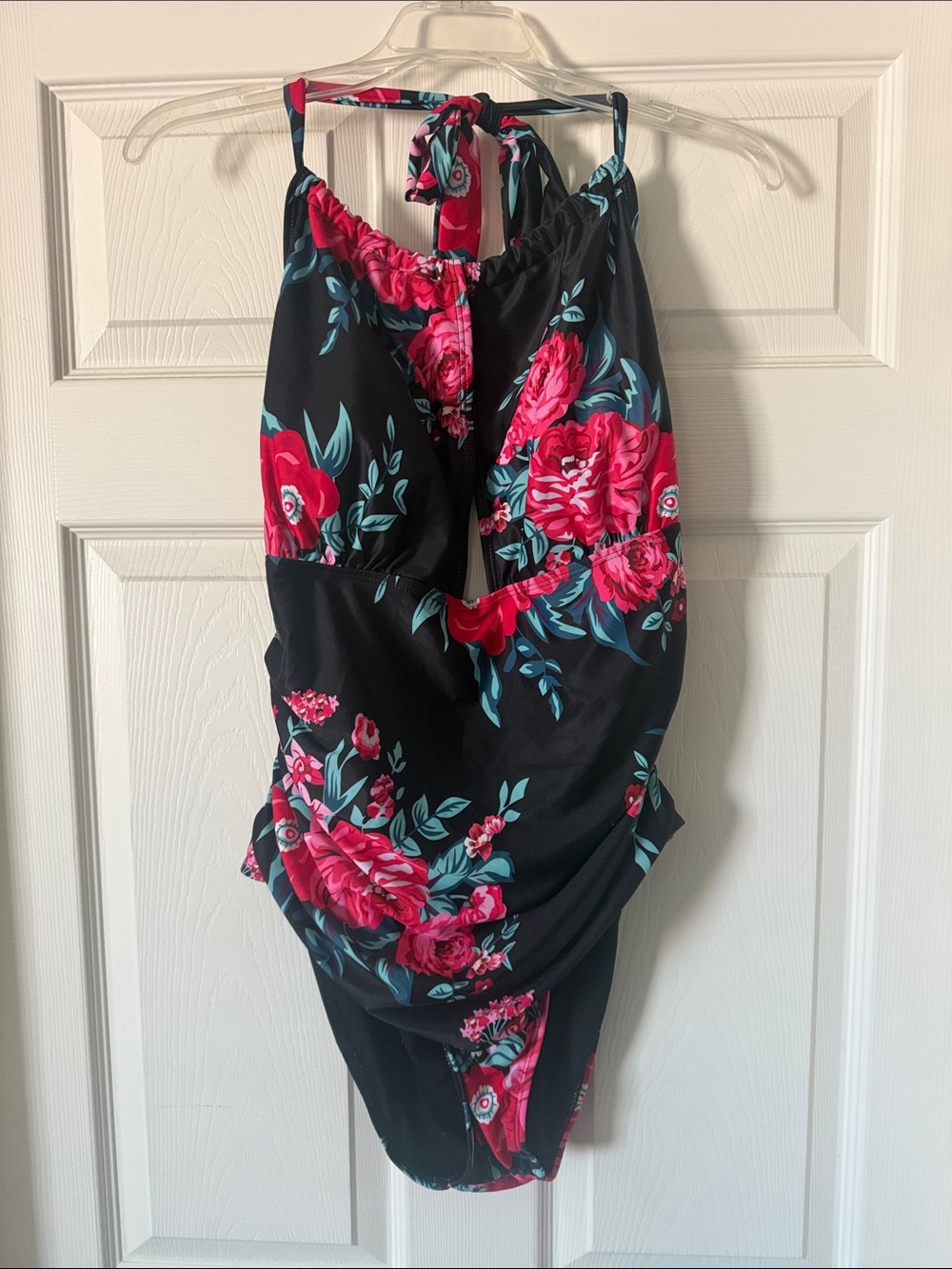 Black Floral Halter One-Piece Swimsuit with Pink Roses
